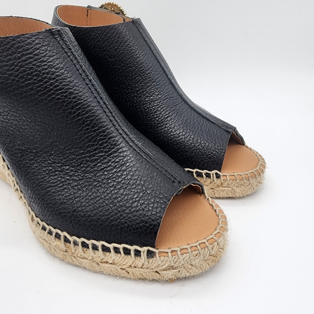 Maypol Spain Wedge Sandals Leather Black Rhinestone Buckle Size 39 or 9 - Picture 6 of 13